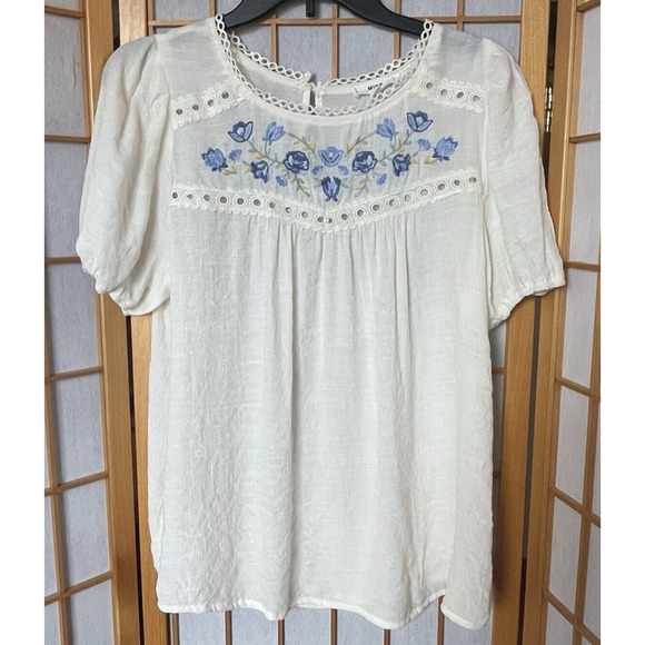 MINE Boho sheer white top embroidered flowers Large - Picture 1 of 6